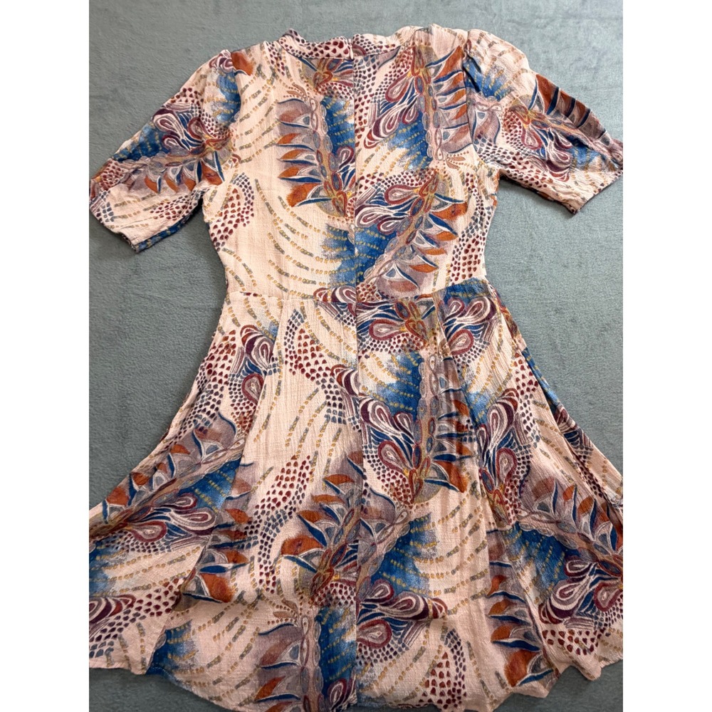 Abstract Floral Print Midi‎ Dress Puff Sleeve Boho Chic Festival - Picture 8 of 10